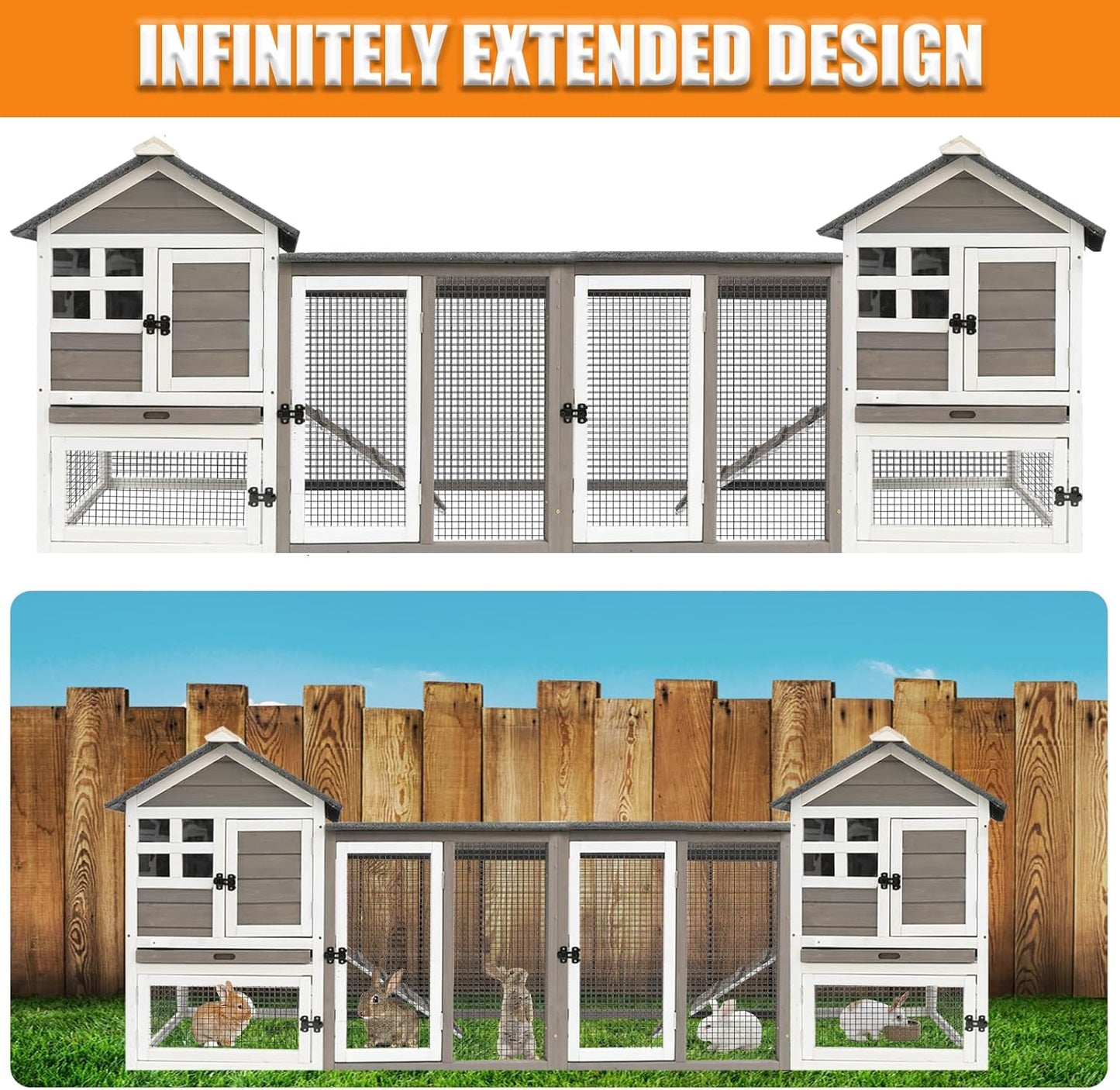 Rabbit Hutch-Indoor Outdoor Rabbit Hutch with Pull Out Tray Large Rabbit Hutch FirWood Bunny Hutch Indoor Guinea Pig Cages Waterproof Asphalt Roof, GREYWHITE, RAB HUTCH#17 (RAB17)