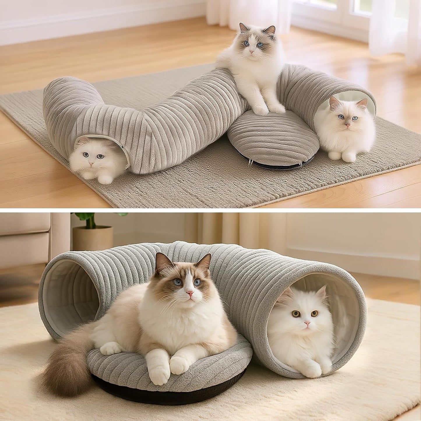 Cat Tunnel Bed for Indoor Cats, Peekaboo Cat Cave Bed,Soft Cat Donut Tunnel for Kitten Large Cats, Grey