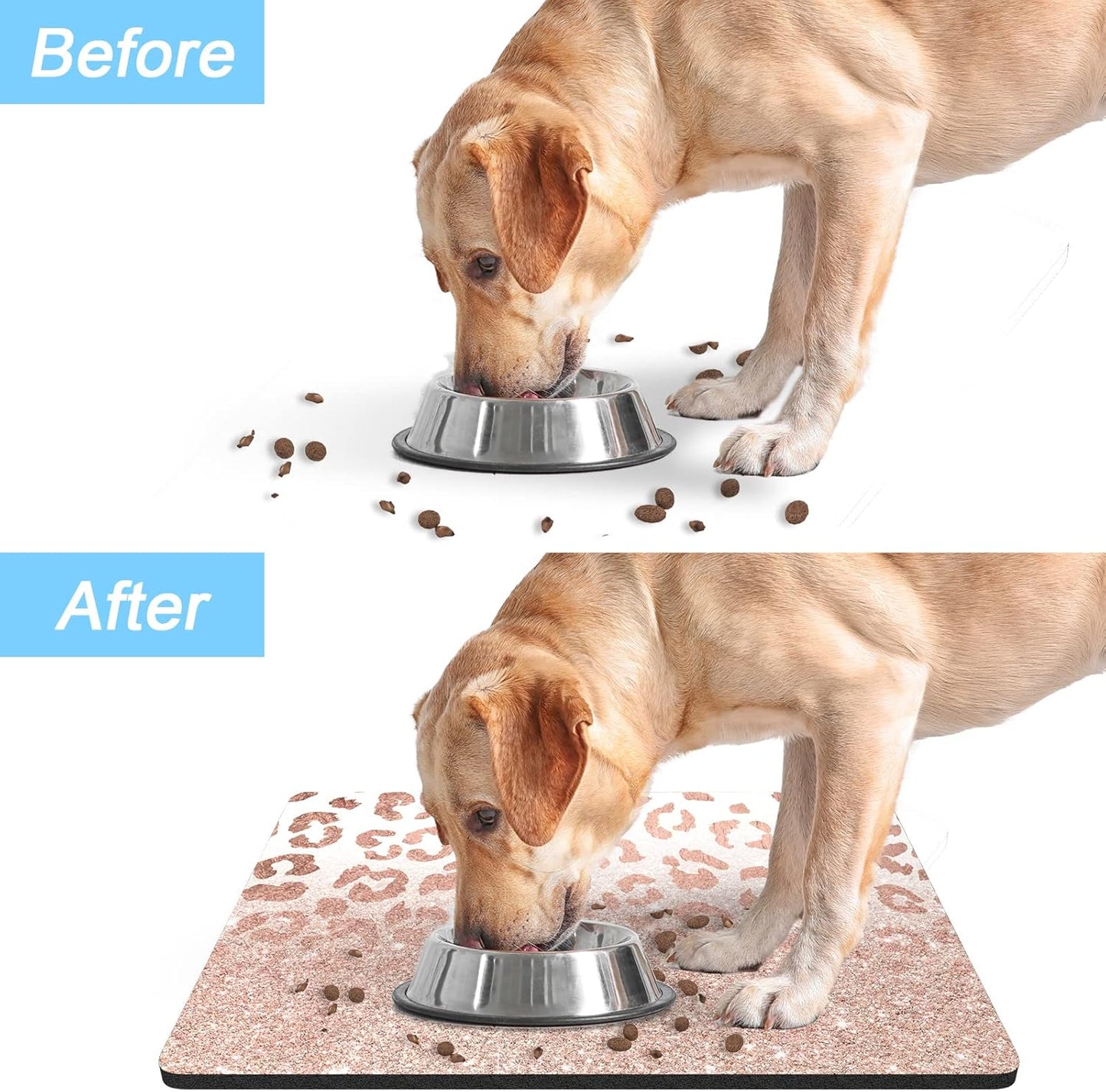 Rnivvi Dog Food Mat, 16" x 24" Leopard Absorbent Dog Cat Bowl Mat for Food and Water, Cute Anti-Slip Rubber Pet Feeding Rug Protect Floors, Puppy Placemat for Feeding & Watering Supplies, Rose