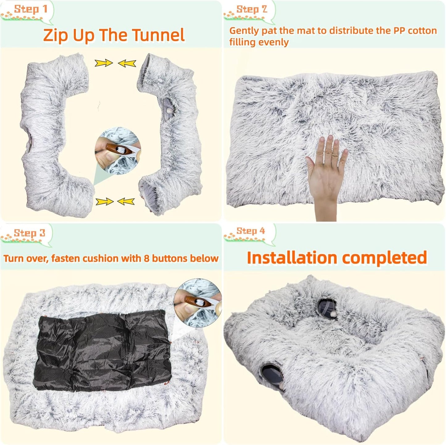 XxingSheep 4 Cave Shuttled XL Cat Tunnel Bed for Indoor Cats Peekaboo Toy Donut with Warm Mat, Azure Blue