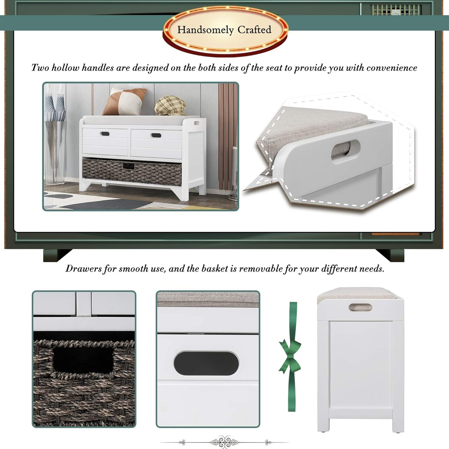 Storage Bench Removable Basket 2 Drawers Fully Assembled Acacia Wood Shoe Bench Standing Shoe Rack Removable Cushion for Living Room, Entrance Hallway, No Assembly Required White