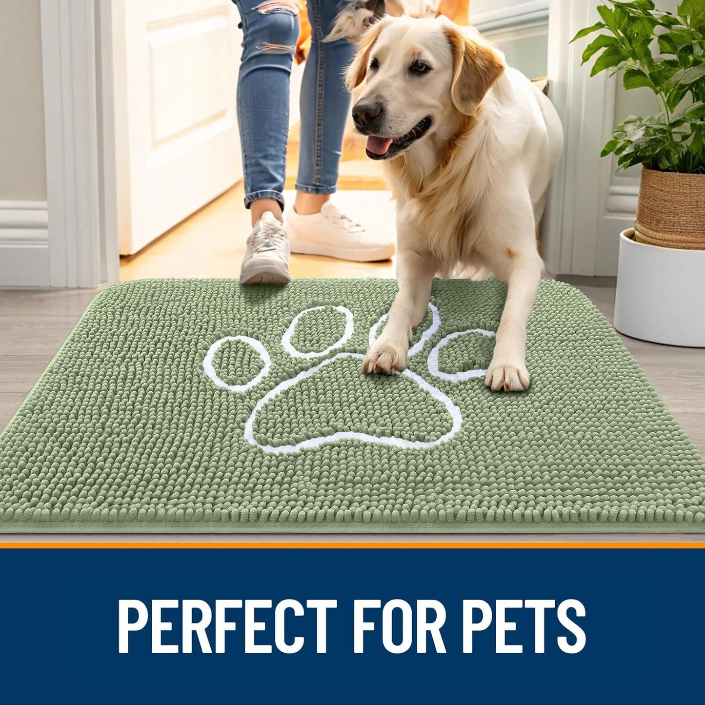 OLANLY Door Mat for Muddy Dog Paws 48x30, Ultra Absorbent Chenille Mud Doormat with Paw Print Design, Non-Slip Washable Doormat for Indoor Entryway, Quick-Dry Pet Bed Mats for Dirty Dogs, Sage Green