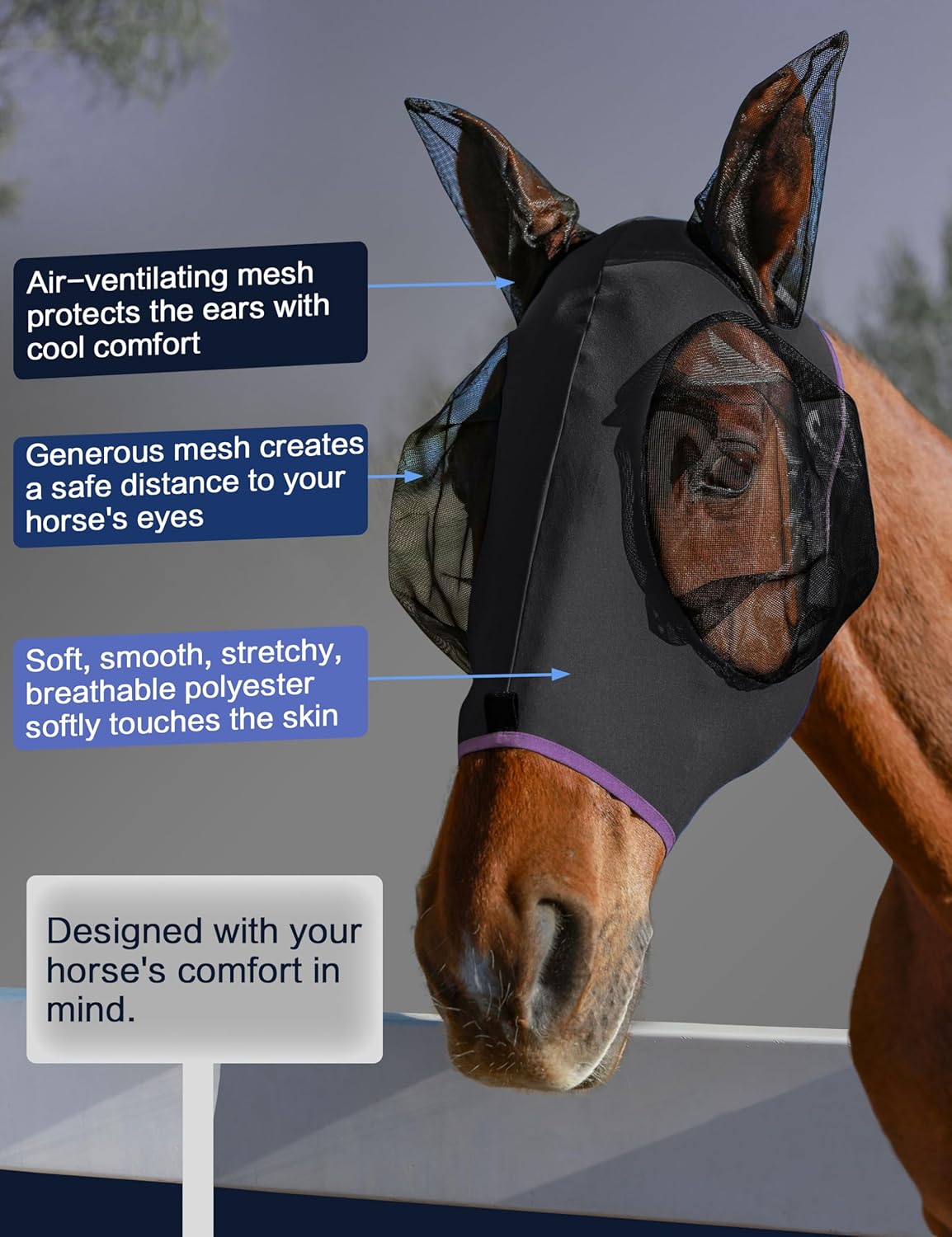 Horse Fly Mask with Ears, UV Protection for Horses, Elasticity with Big Mesh Eye Covers, Snug Fitting Comfortable Breathable Lightweight for Horses Black Full Size