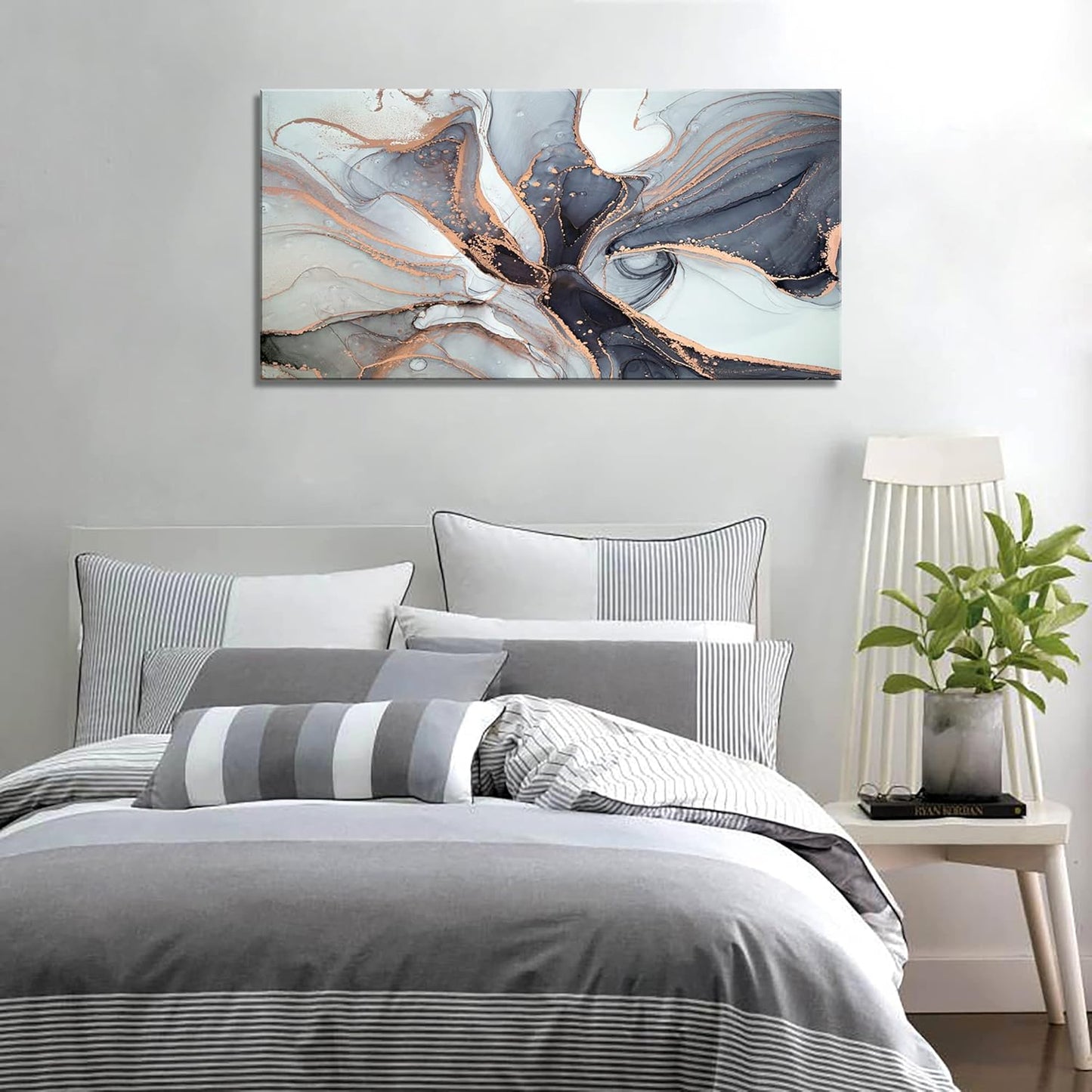 XXMWallArt FC3475 Framed Wall Art Gray and Gold Abstract Painting Background Abstract Canvas Wall Art Print Painting for Bedroom Living Room Office Wall Decor Home Decor