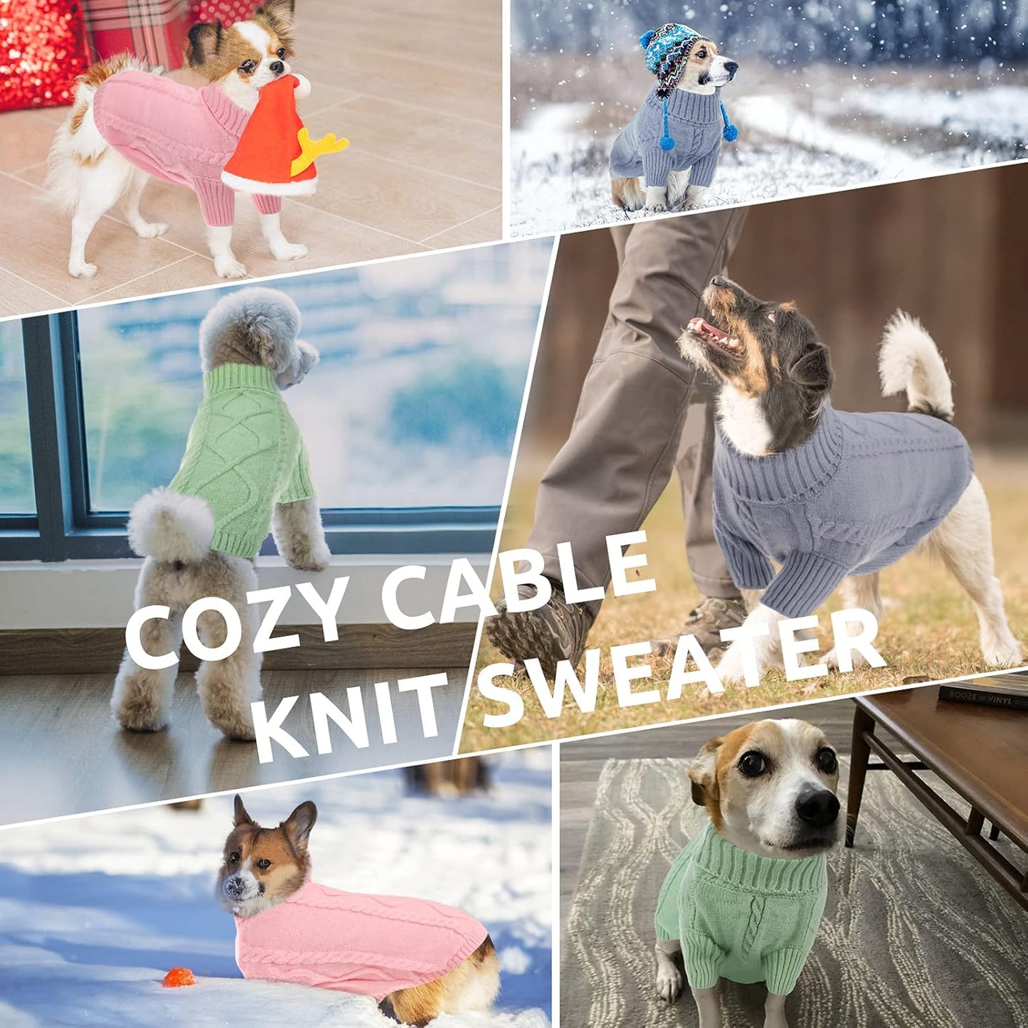 Queenmore Small Dog Pullover Sweater, Cold Weather Cable Knitwear, Classic Turtleneck Thick Warm Clothes for Chihuahua, Bulldog, Dachshund, Pug, Yorkie (Green, Medium)