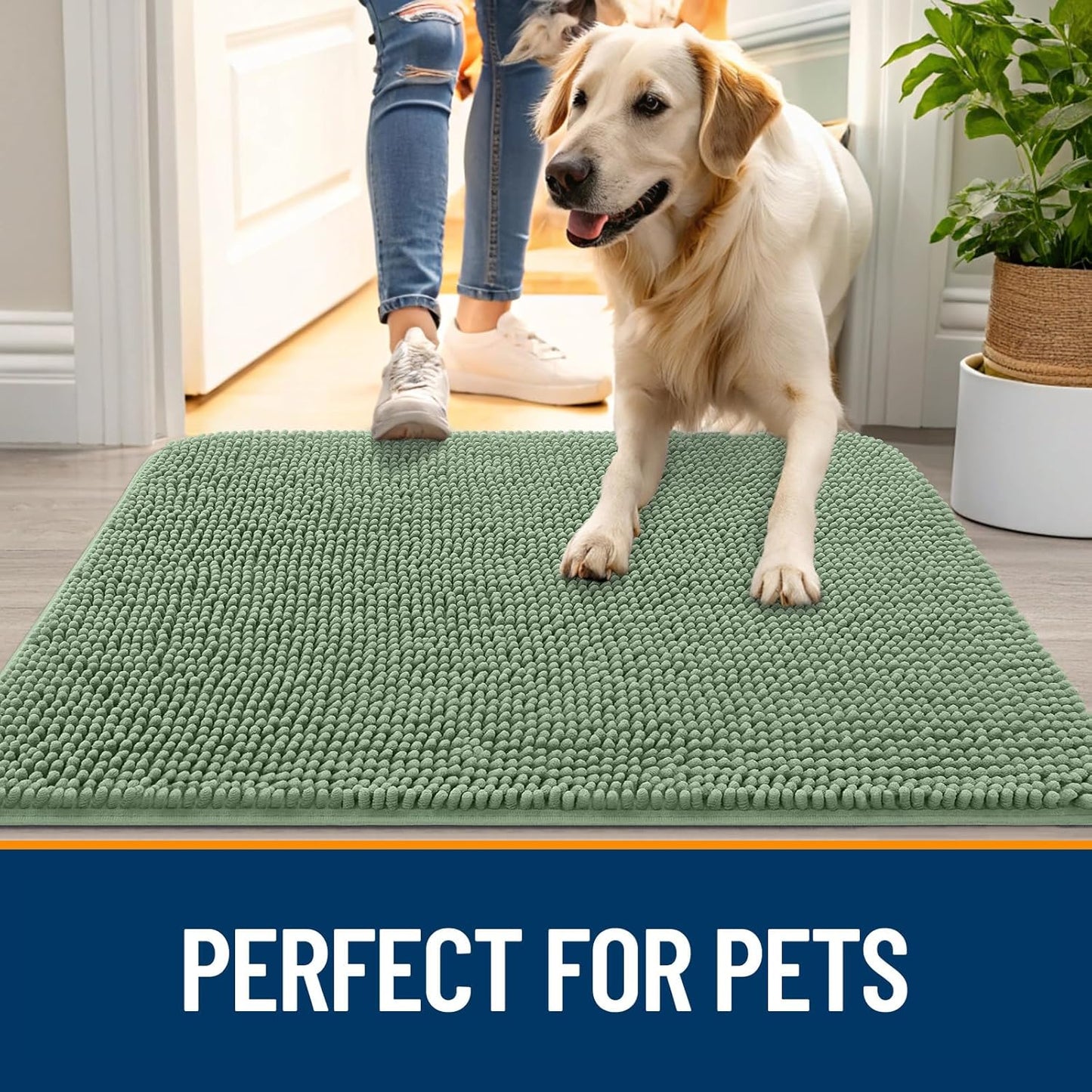 OLANLY Dog Door Mat for Muddy Paws 70x24, Absorbs Moisture and Dirt, Absorbent Non-Slip Washable Doormat, Quick Dry Chenille Mud Mat, Entry Indoor Entryway Carpet for Inside Floor, Olive Green