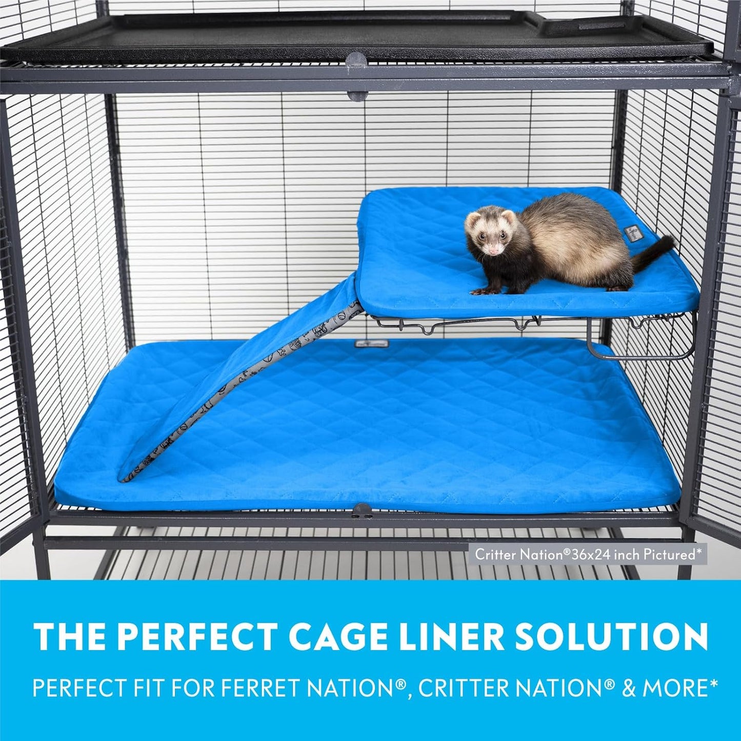 Paw Inspired Fitted Fleece Cage Liner Set for Ferret Nation, Critter Nation Single Unit (Bottom Pan Liner, Ramp Cover, Shelf Liner) for Ferrets, Rats, Chinchillas, Hedgehogs, Small Animals (Blue)