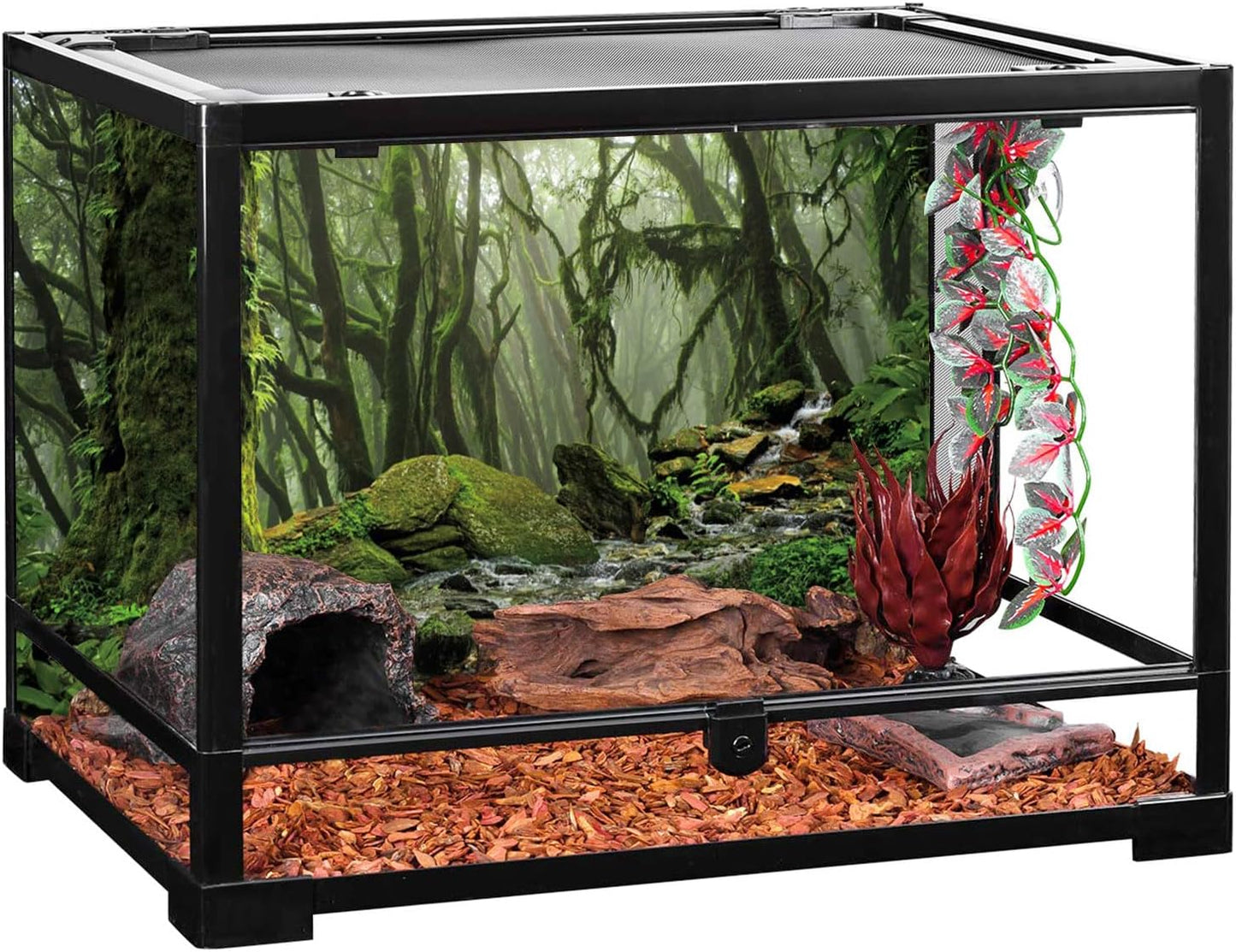 AWERT Foggy Forest Terrarium Background Stream Green Huge Tree Reptile Habitat Background Tropical Rainforest Aquarium Background 48x24 inches Durable Polyester Background