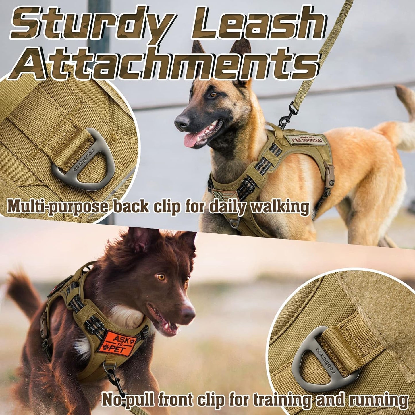 rabbitgoo Tactical Dog Harness Medium Sized Dog, No Pull Military Service Vest with Handle & Molle, Easy Control for Training Walking, Adjustable Reflective Straps, Brown, M