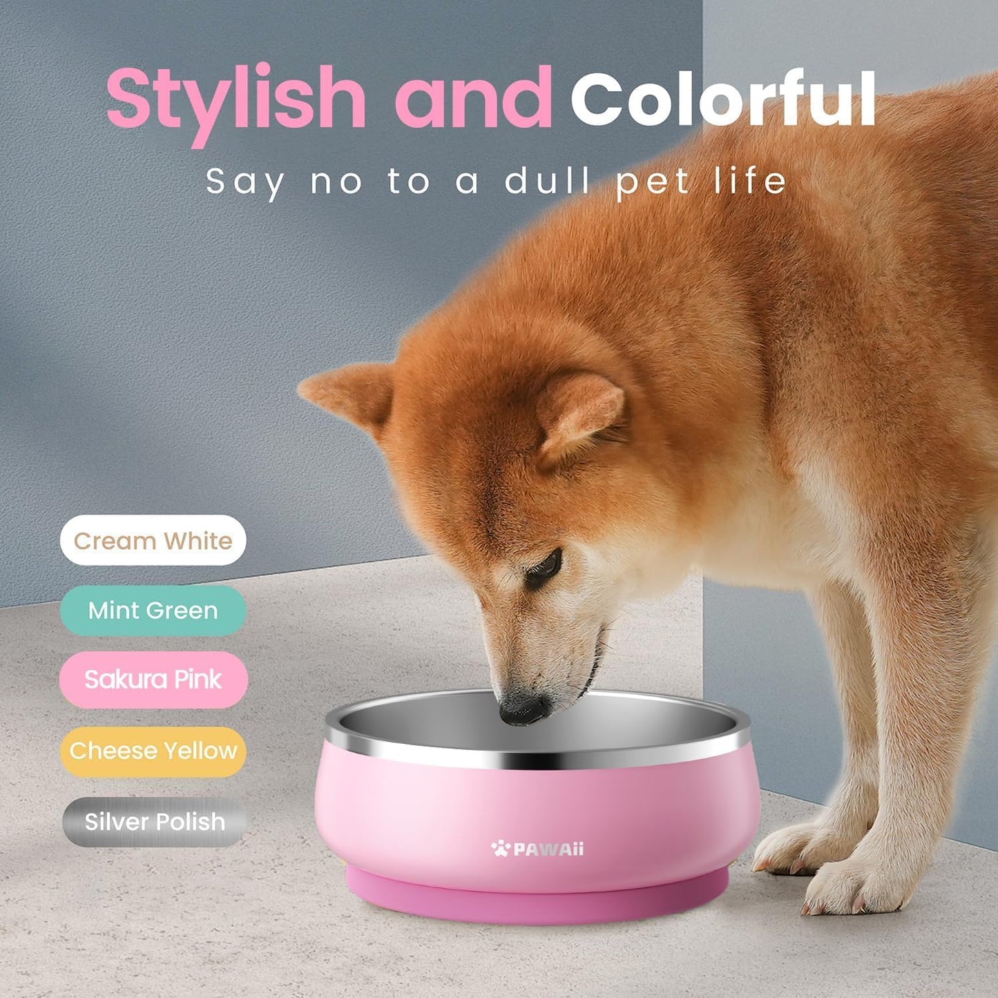 Pawaii Stainless Steel Dog Bowl with Non-Slip Rubber Base & Double Wall Insulation - Durable Design | Includes ID Tag | Dishwasher Safe Food & Water Bowl for All Dogs (34oz)