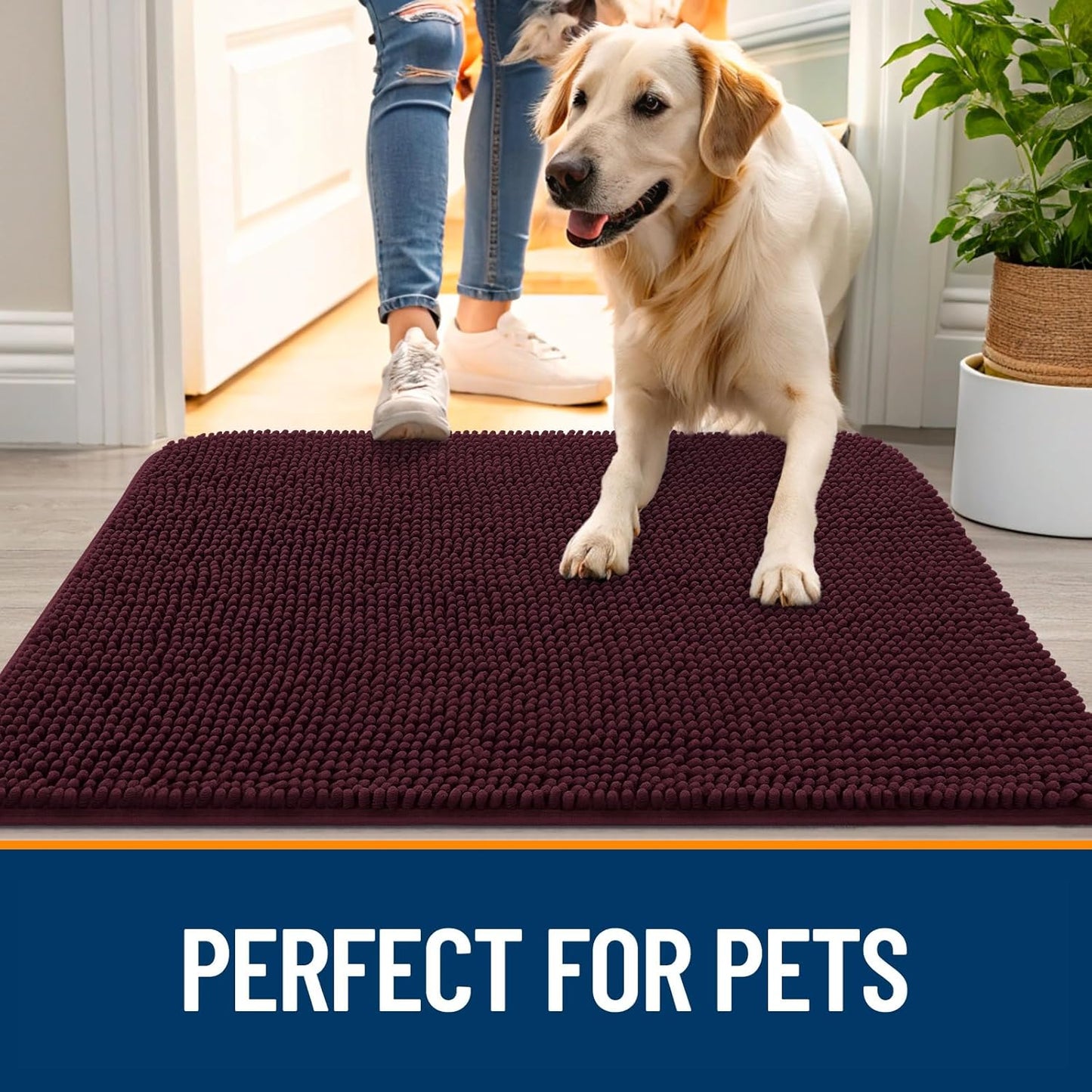 OLANLY Dog Door Mat for Muddy Paws 36x24, Absorbs Moisture and Dirt, Absorbent Non-Slip Washable Doormat, Quick Dry Chenille Mud Mat for Dogs, Entry Indoor Entryway Carpet for Inside Floor, Russet