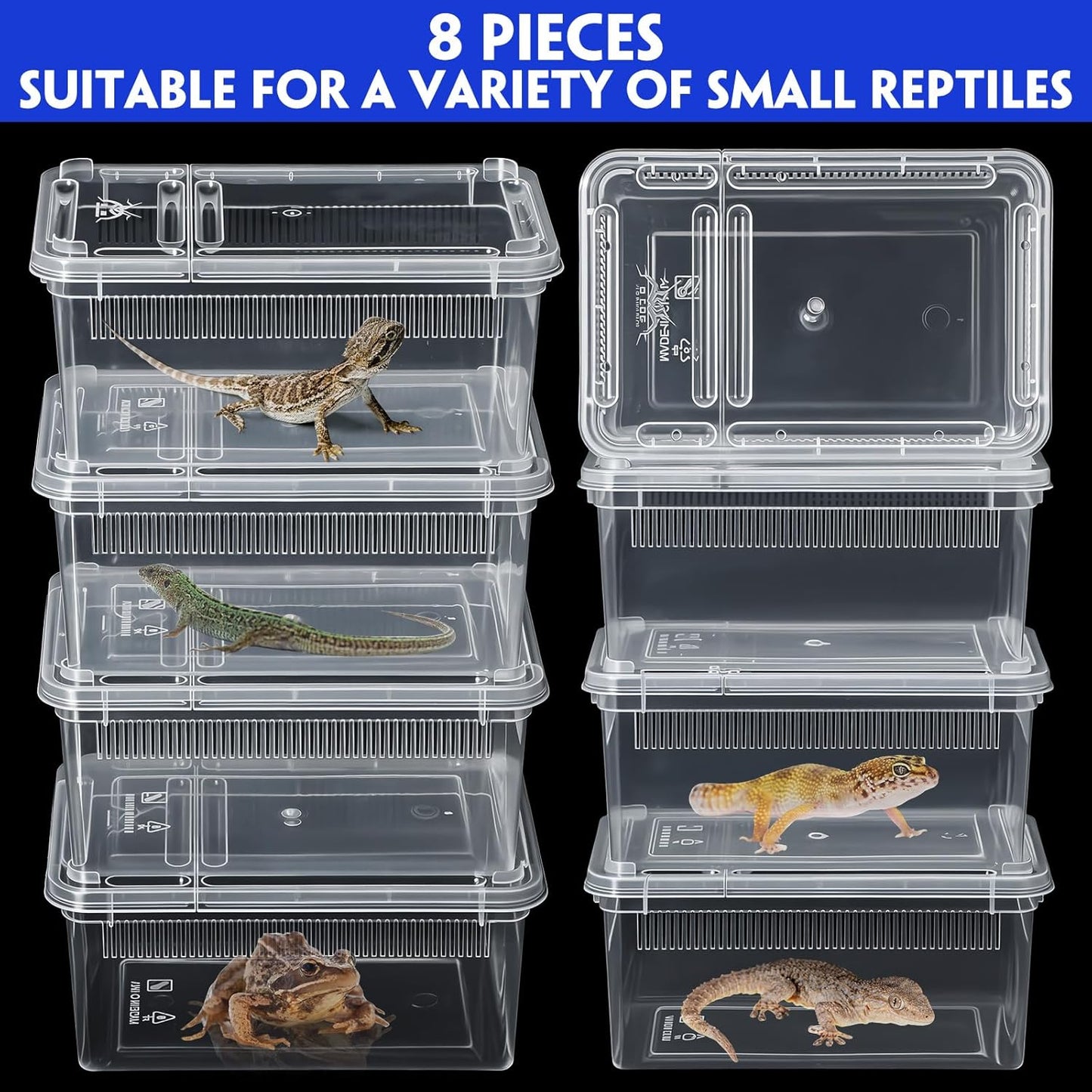 Irenare 8 Pcs Reptile Breeding Breeding Box Plastic Spider Terrarium Tarantula Feeding Box for Bearded Dragon Lizard Spider Gecko Scorpion (Vent Strips,5.9 x 3.9 x 2.5 Inch)