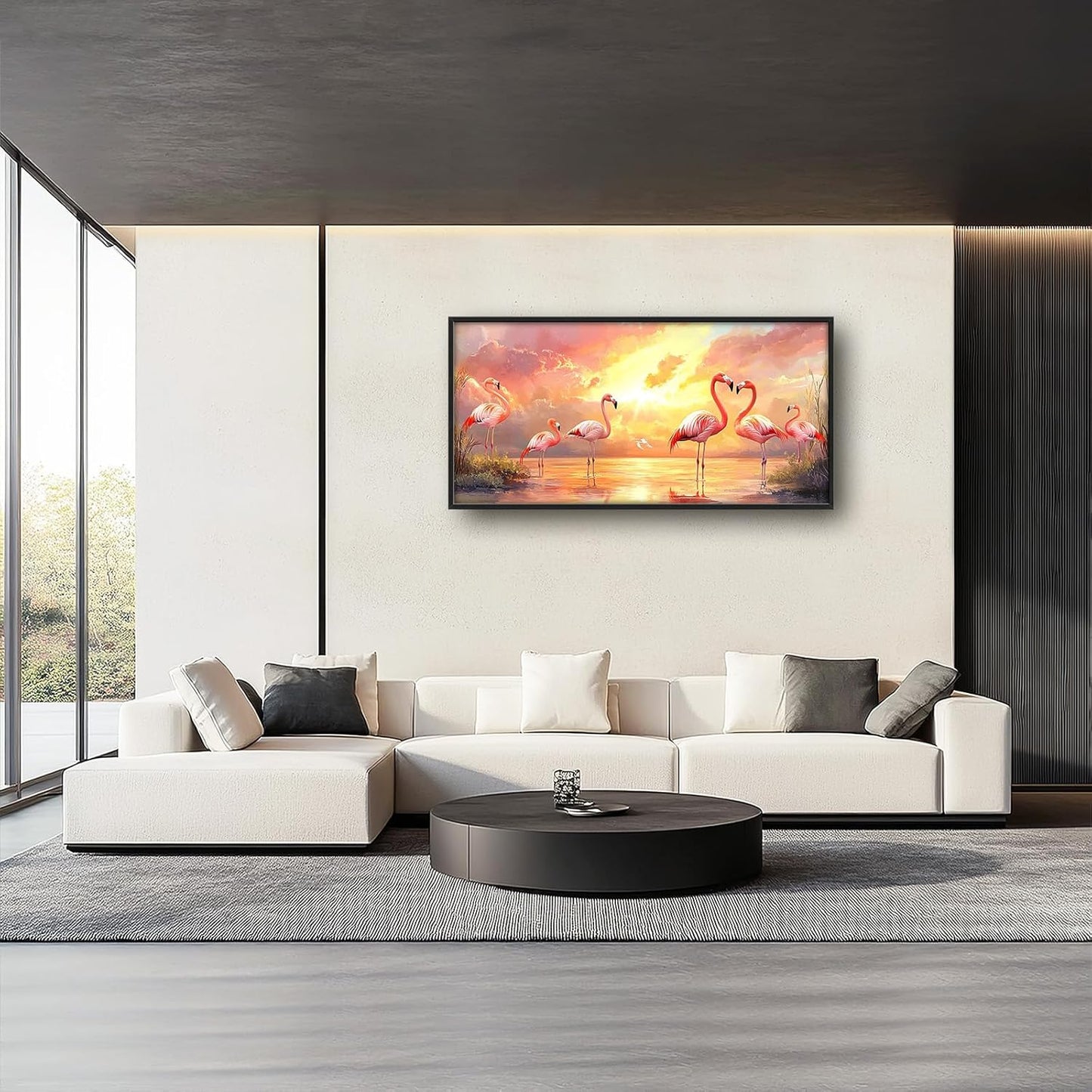 Large Flamingo Wall Art for Living Room, Framed Oversized Sunset Lake Wall Decor Landscape Canvas Painting Pictures Modern Artwork for Living Room Bathroom Bedroom Office Dining Room 60"x30"