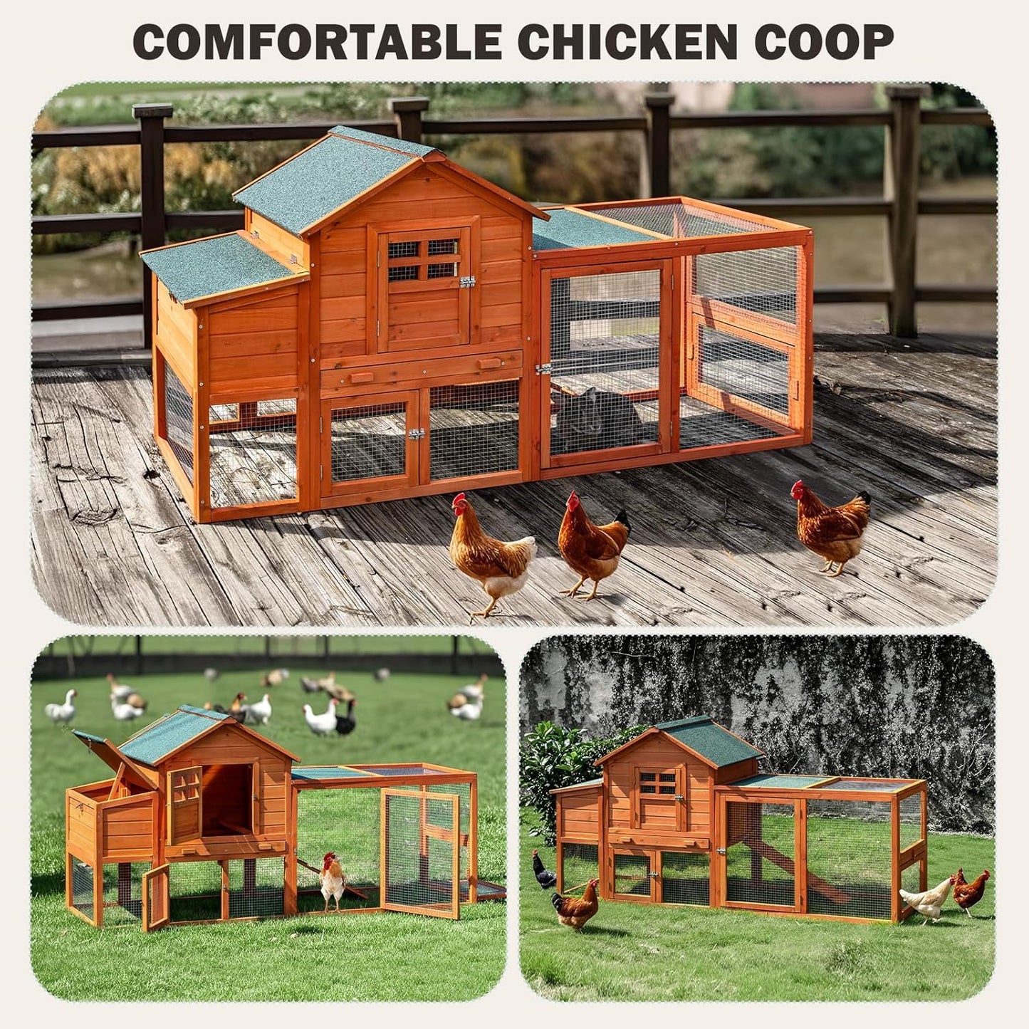 Chicken Coop for 4-6 Chickens Outdoor Wooden Hen House Poultry Pet Hutch for Backyard w/Run Cage & Nesting Box