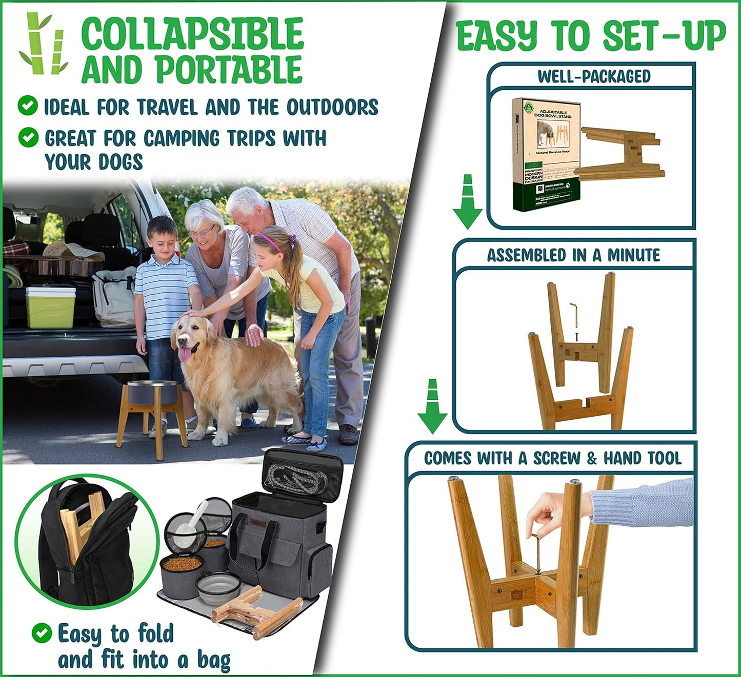 Dog Bowl Stand (14-inch High) - Ideal for Large Breeds, Use to Elevate, Raise Pet Dishes, Water Fountains and Slow Feeders - Adjustable Sideways, Bamboo - (Bowls not Included)