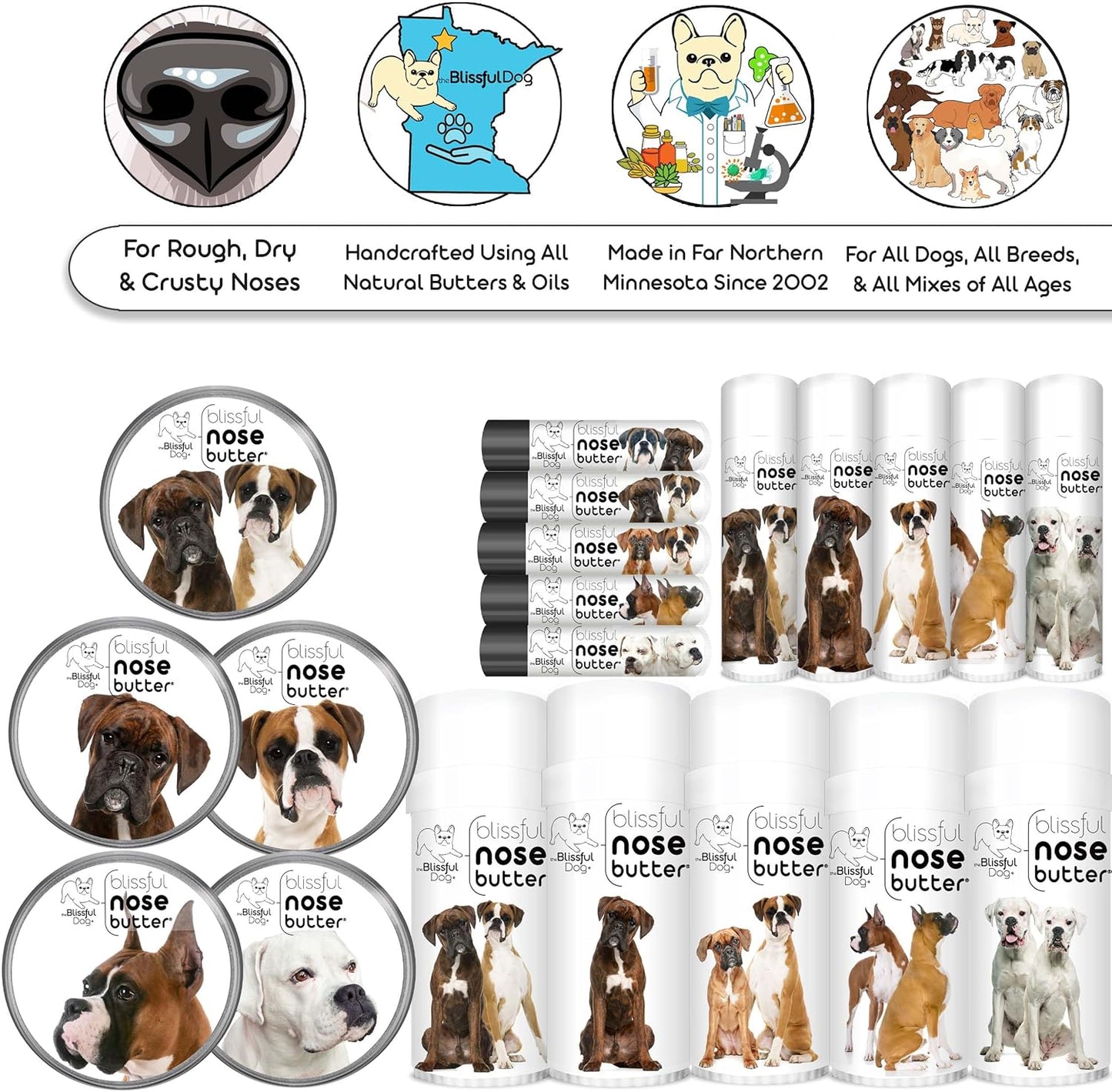 The Blissful Dog Fawn Boxer Nose Butter for Dry, Cracked Skin, Lick-Safe Dog Nose Balm with Moisturizing Shea Butter, Almond, Olive, and Essential Oils, Pet Supplies, Uncented, 4 oz.