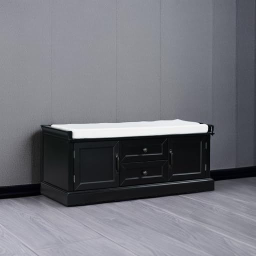 Storage Bench with 2 Drawers and 2 Cabinets, Pine Wood Shoe Bench with Removable Cushion for Living Room, Entryway 42.5" L x 15.9" W x 17.5" H (Black)
