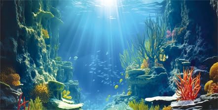48X24IN Blue Sea Floor Aquarium Background, Natural Underwater World 3D Effect Fish Tank Decorations Background, Art Terrarium Background with 8 EVA Double-Sided Tape