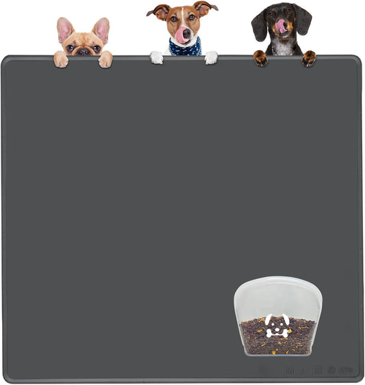 KVK Extra Extra Large Silicone Dog Food Mat 39.4×43.3in and 128oz Silicone Bag Set, Super Size Waterproof Pet Feeding Mat & Container, Non-Slip, Chew-Resistant Floor Protection (Dark Grey&Clear)