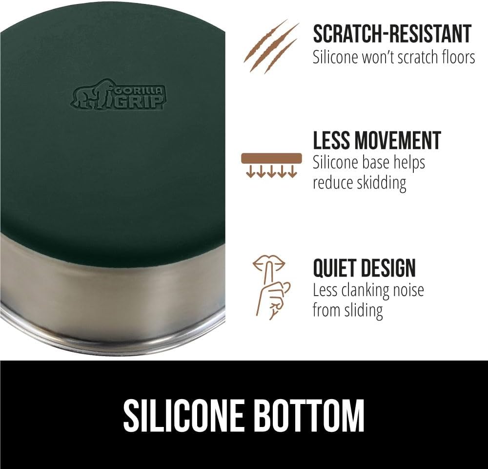 GORILLA GRIP Set of 2 Dog Bowls, Holds 4 Cups (32 fl oz), Heavy Duty Metal Food and Water Bowl for Feeding Dogs and Cats, Dishwasher Safe, Rust Resistant Stainless Steel, BPA Free Rubber Base, Green