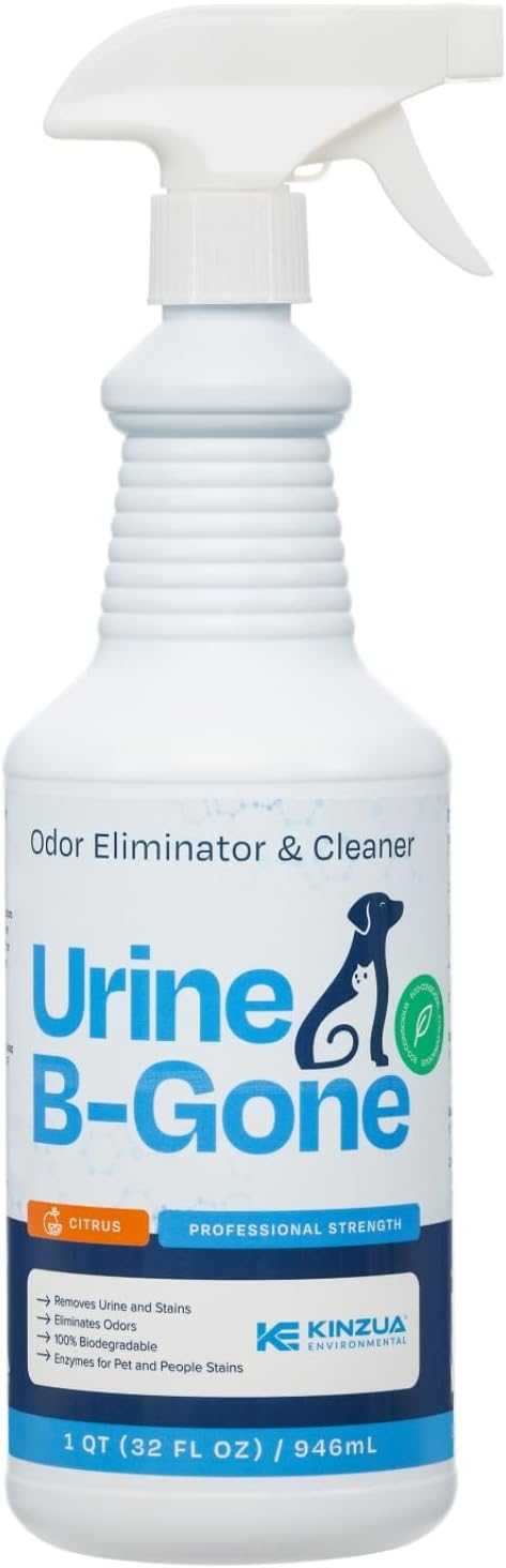 KINZUA ENVIRONMENTAL Urine B-Gone, Professional Enzyme Odor Eliminator & Pet Stain Remover, Human, Cat & Dog Urine Cleaner, Effective on Laundry, Carpets & More, Citrus Scent, 32oz