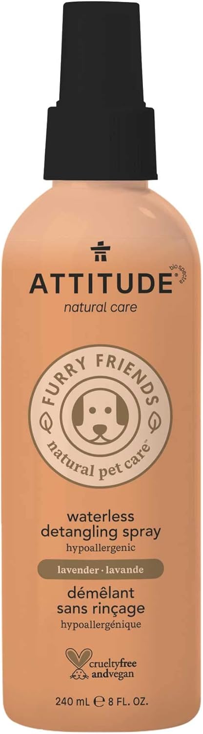 ATTITUDE Waterless Anti-Itching Detangling Spray for Pets, Plant and Mineral-Based Ingredients, Vegan and Cruelty-Free Animal Grooming Products, Lavender, 8 Fl Oz