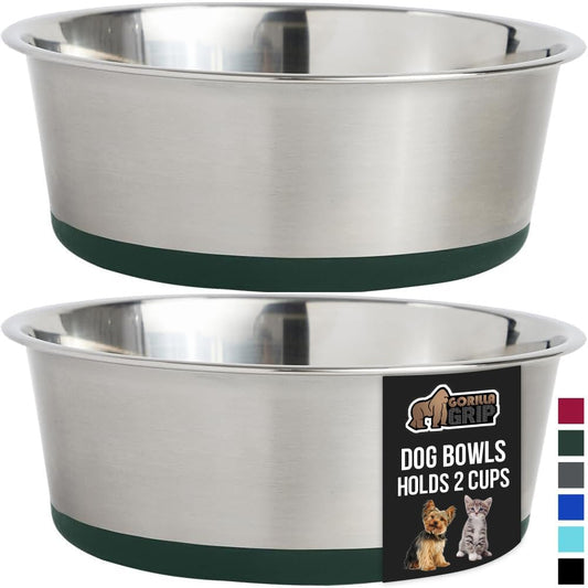 GORILLA GRIP Set of 2 Dog Bowls, Heavy Duty Metal Food and Water Bowl for Feeding Dogs and Cats, Dishwasher Safe, Rust Resistant Stainless Steel, BPA Free Rubber Base, Holds 2 Cups (16 fl oz), Green