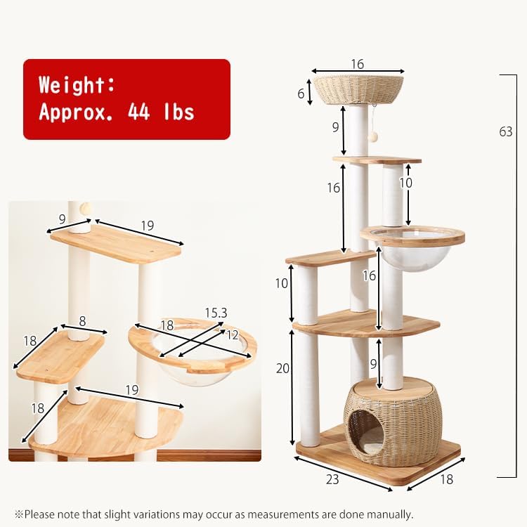 Wooden Cat Tower for Large Cats 63’‘, Modern Multi-Level Condo with Natural Wood, Indoor Cat Furniture for Medium and Big Pets (White 81007s)