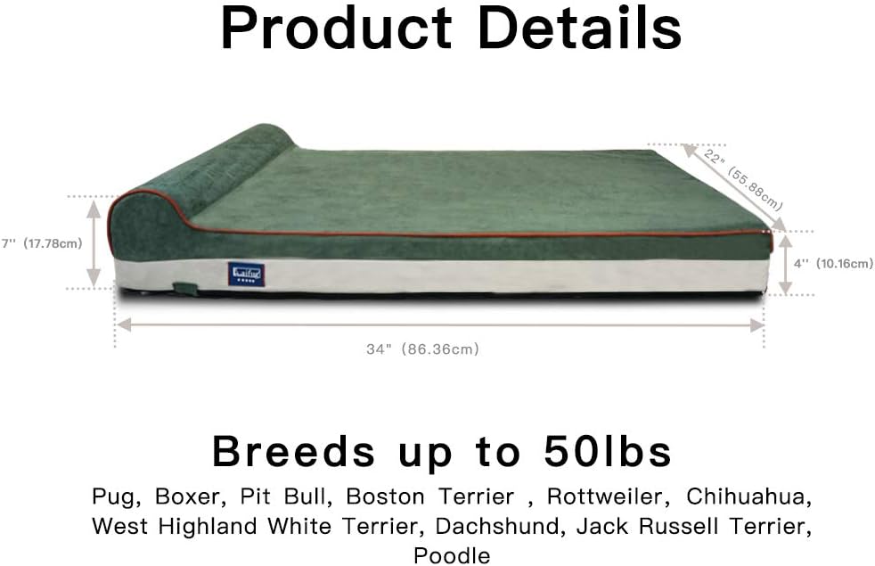 Laifug Orthopedic Memory Foam Dog Bed with Pillow and Durable Water Proof Liner & Removable Washable Cover & Smart Design Medium (34"x22"x7"), Dark Green