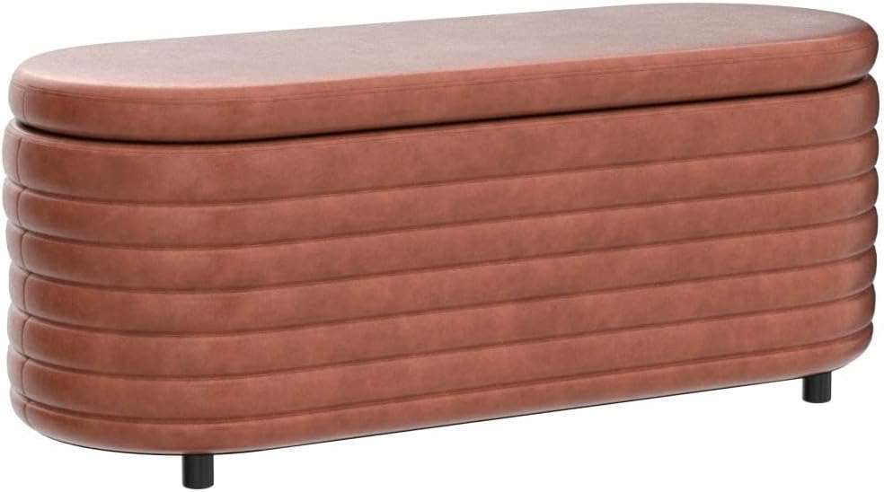 Storage Ottoman Bench Upholstered PU Leather End of Bed Stool with Safety Hinge for Bedroom, Living Room, Entryway (44.5-inch, Brown), TN2436