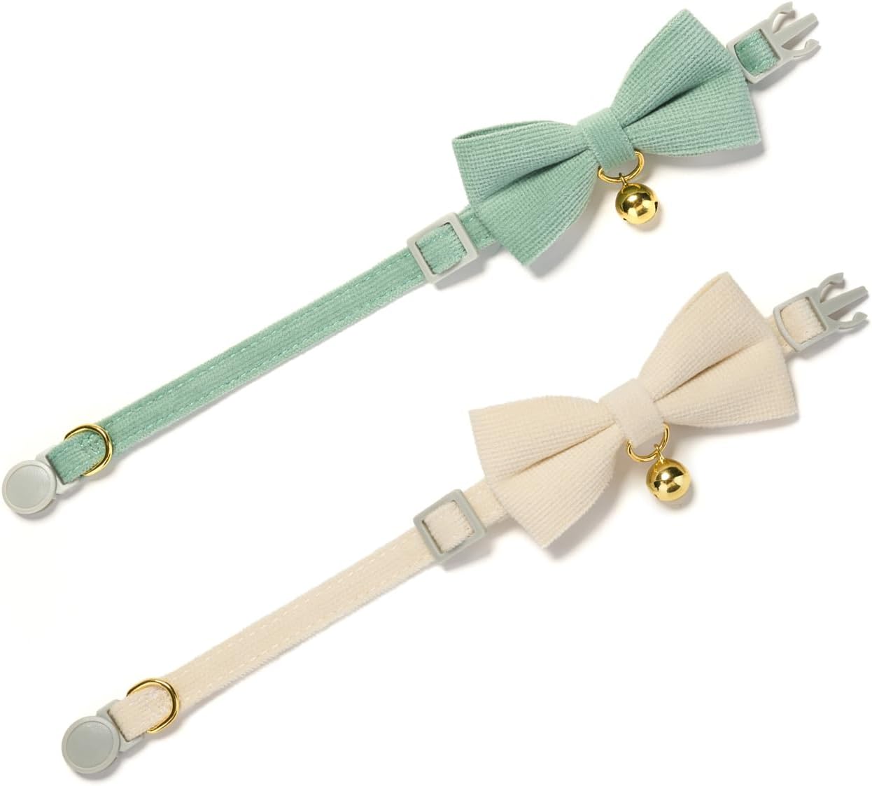 2 Pack Soft Corduroy Cat Collars with Bow Tie & Bell, Adjustable Breakaway Cotton Kitty Bowtie Collar for Female Male Cats(White & Grass Green)
