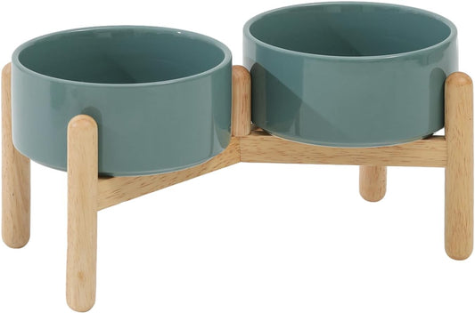 Ceramic 6.1inch Raised Dog Bowl with Stand for Small and Medium Breed Dog Dish Pet Food and Water Bowl (Double Bowl with Stand - Dark Green, 28oz)
