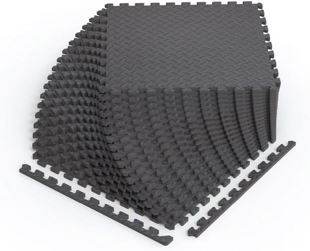 Norsk Foam Floor Gym Mats with Interlocking Tiles, .47" Thick, 24"x24", 36-Pack, 144 Square Feet, Diamond Plate Design, Grey