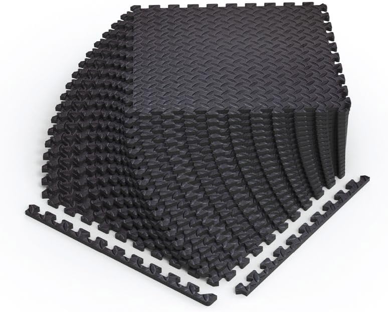 Norsk Foam Floor Gym Mats with Interlocking Tiles, .47" Thick, 24"x24", 36-Pack, 144 Square Feet, Diamond Plate Design, Black