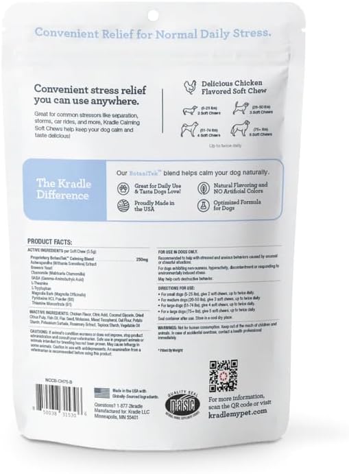 Kradle Calming Chews for Dogs - Anxiety and Stress Support - L-Theanine Ashwagandha GABA - Calming Supplement for Relaxation and Stress - Chicken Flavor- 75 Chews
