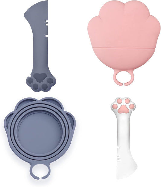 Meow&Woof Cat Food Can Lid and Spoon, BPA Free Silicone Cover for Animal Wet Food Storage, Reusable Topper for 3/5 /5.1/5.5/12/ 13 oz Cans Refrigerator Fresh Wash Machine Apply （2Pack）