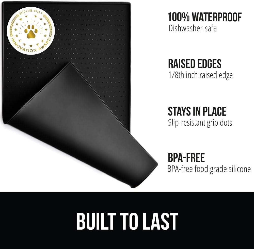 GORILLA GRIP 100% Waterproof Raised Edge BPA Free Silicone Pet Feeding Mat, Dog Cat Food Mats Contain Spills Protects Floors, Placemats for Cats and Dogs Water Bowl, Pets Accessories 18.5x11.5 Black