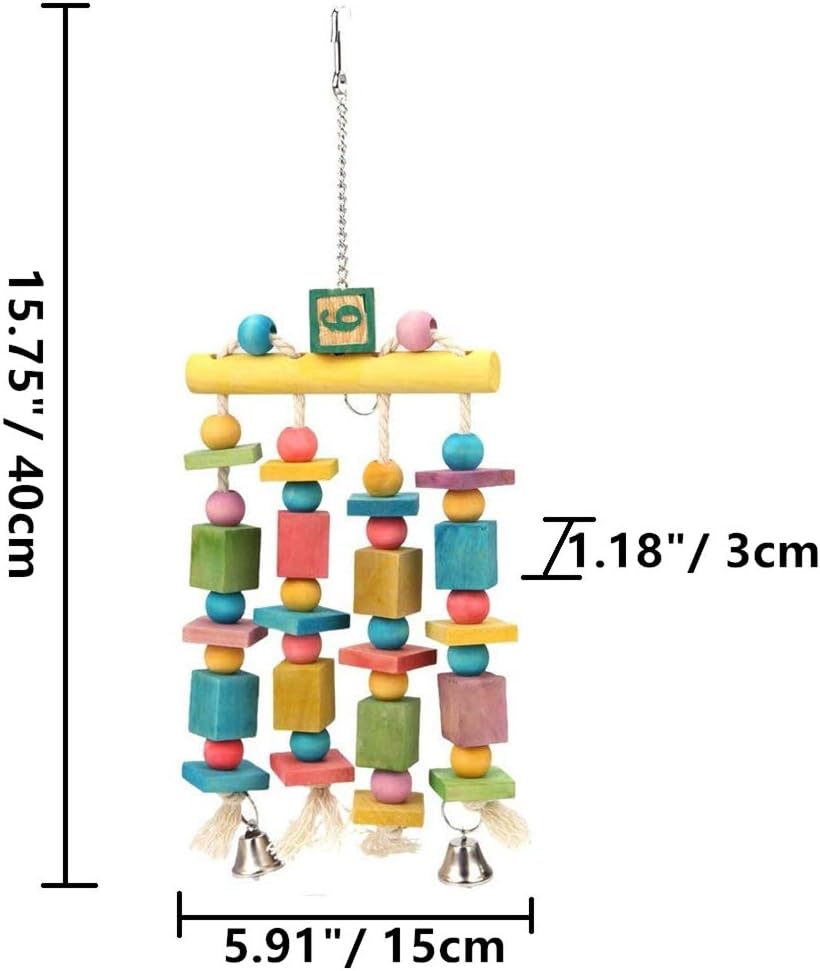 Parrot Hanging Chew Toy Bird Bite Swing with Colorful Wood Beads Bells for Parrot Macaw African Greys Cockatiels Cage Accessories (Hanging with Bell Toy)