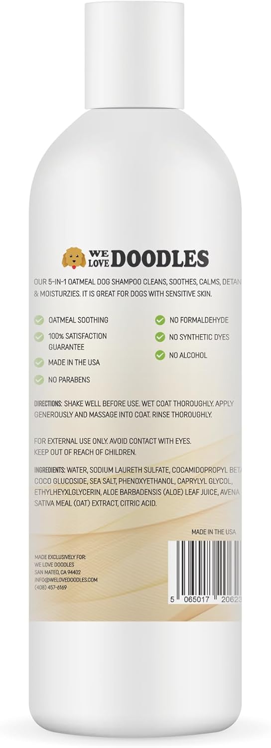 5-in-1 Premium Oatmeal Shampoo for Dogs, Gentle for Itchy & Sensitive Skin, Provides Itch Relief, Hypoallergenic & Soothing for Dry Skin, Moisturizing Anti-Itch, Made in USA, 16 oz [We Love Doodles]