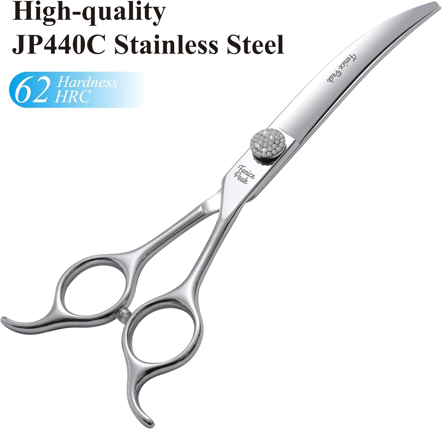 Fenice Peak 6.5‘’ Extra Curved Dog Grooming Scissors with Jewelled Screw 440C Stainless Steel Pet Grooming Bending Scissors with Symmetrical Handle for Professional Groomer and Home User