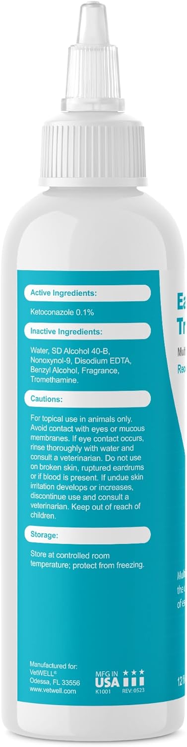 VetWELL Dog Ear Cleaner Solution & Infection Treatment for Dogs & Cats, Tris Otic Cleanser Drops Helps Eliminate Odor and Relieve Infections - 12oz