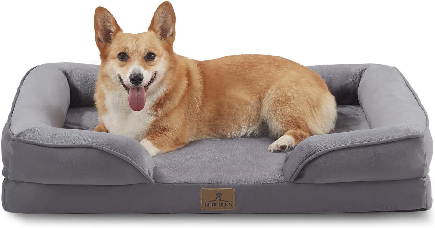 Bedfolks Orthopedic Dog Bed, Waterproof Dog Sofa Bed for Large Dogs, Egg Foam Pet Couch Bed with Removable Washable Cover and Nonslip Bottom, Dark Grey