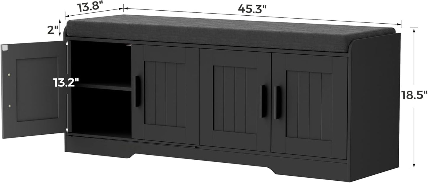 2-Tier Storage Bench, Shoe Bench with Thickened Padded Seat Cushion, Entryway Bench with 4 Doors, Adjustable Shelf, 13.8" D x 45.3" W x 18.5" H, for Entryway, Living Room, Bedroom, Black