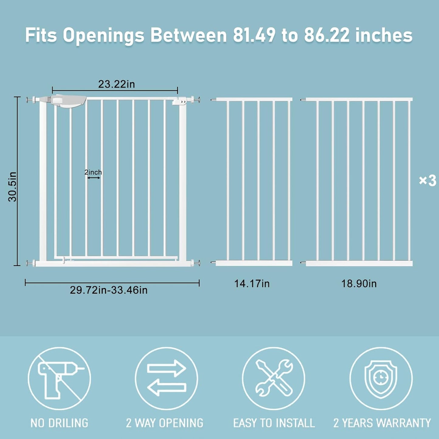 WAOWAO Triple Lock Baby Gate Extra Wide 81.49-85.82" Pressure Mounted Walk Through Swing Auto Close Safety White Metal Dog Pet Puppy Cat for Stairs,Doorways,Kitchen