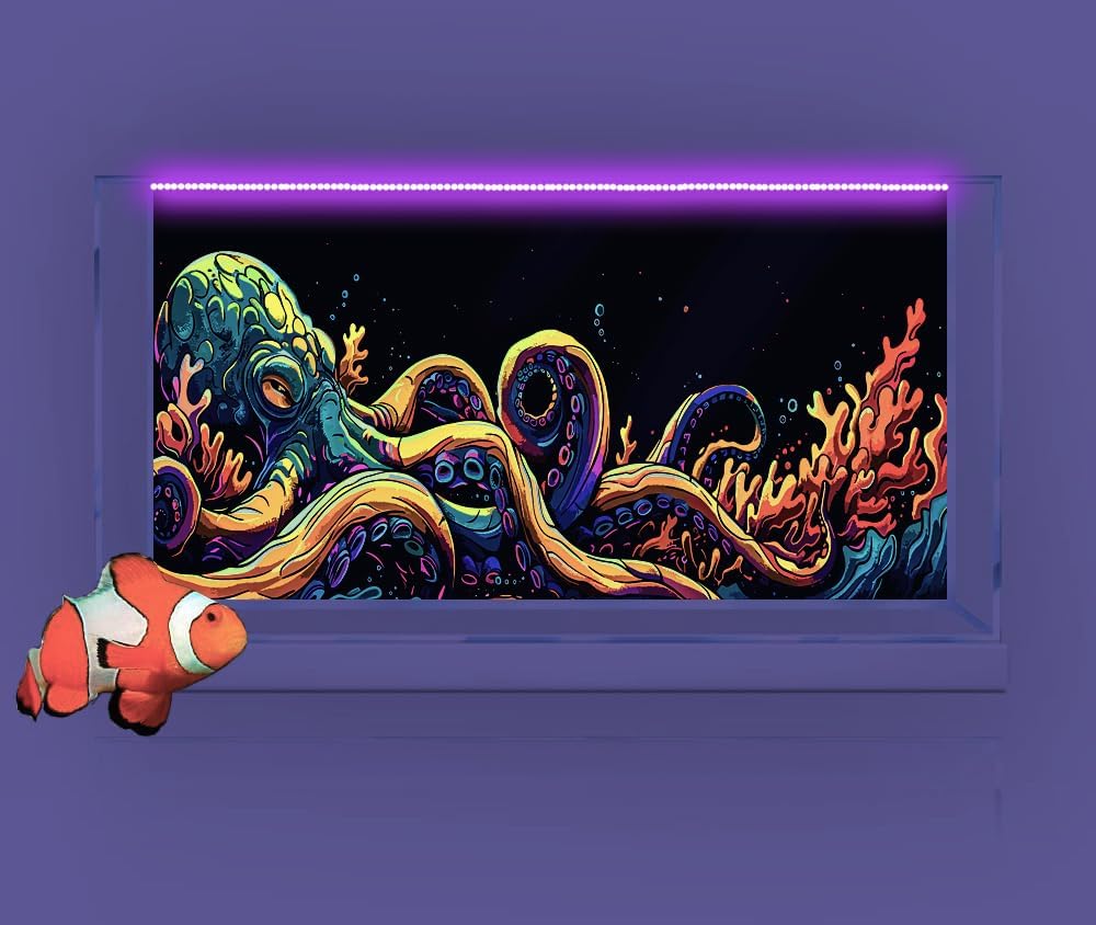 48X24IN Blacklight Octopus Sea Monster HD 3D Black Light Aquarium Background UV Reactive Background Terrarium Background with 10 EVA Double-Sided Tape