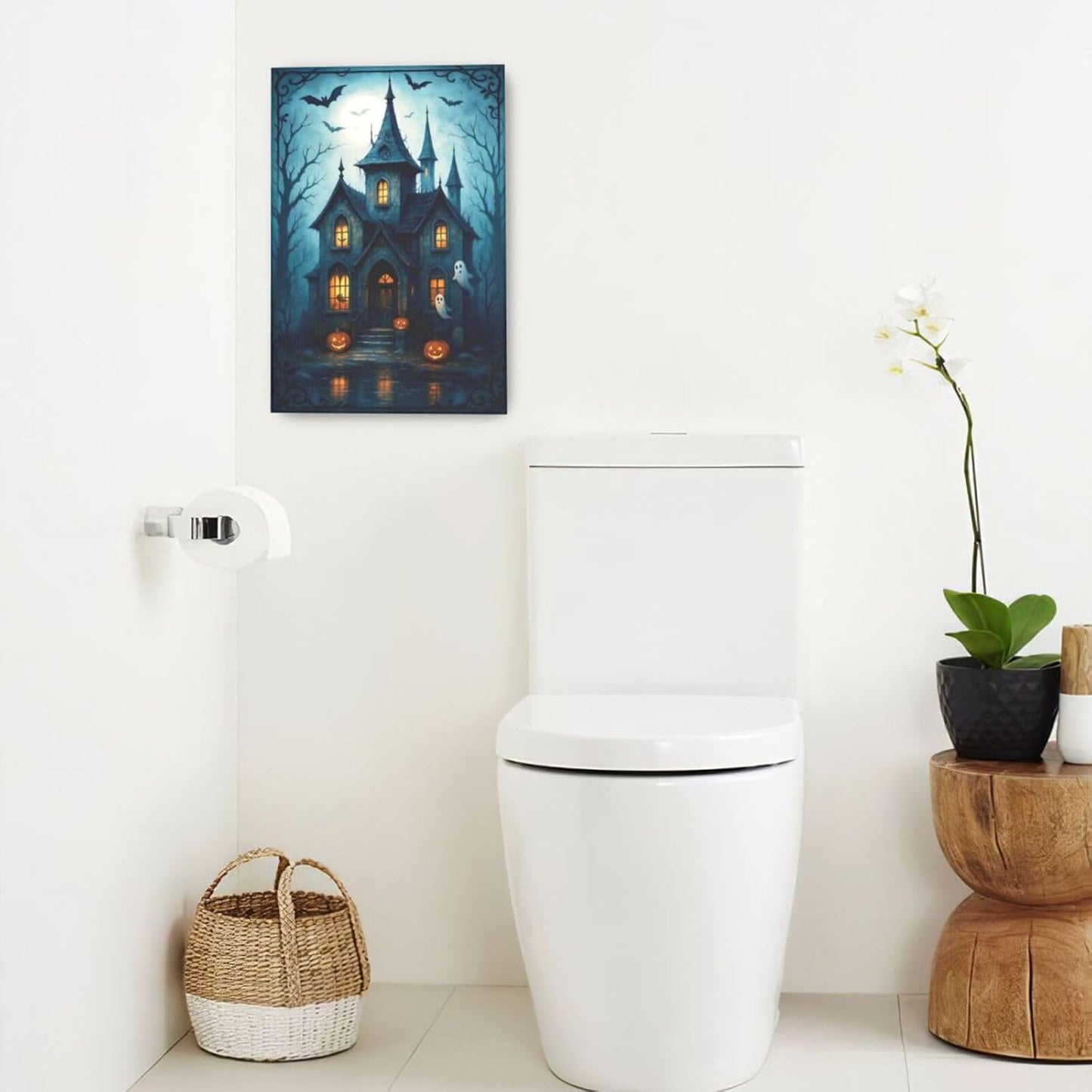 Halloween Gothic Wall Art Castle Pumpkin Ghost Bat Canvas Wall Decor Dark Academia Pictures Painting Print Framed Artwork Decorations Gifts for Halloween Living Room Bedroom Office 16"x24"