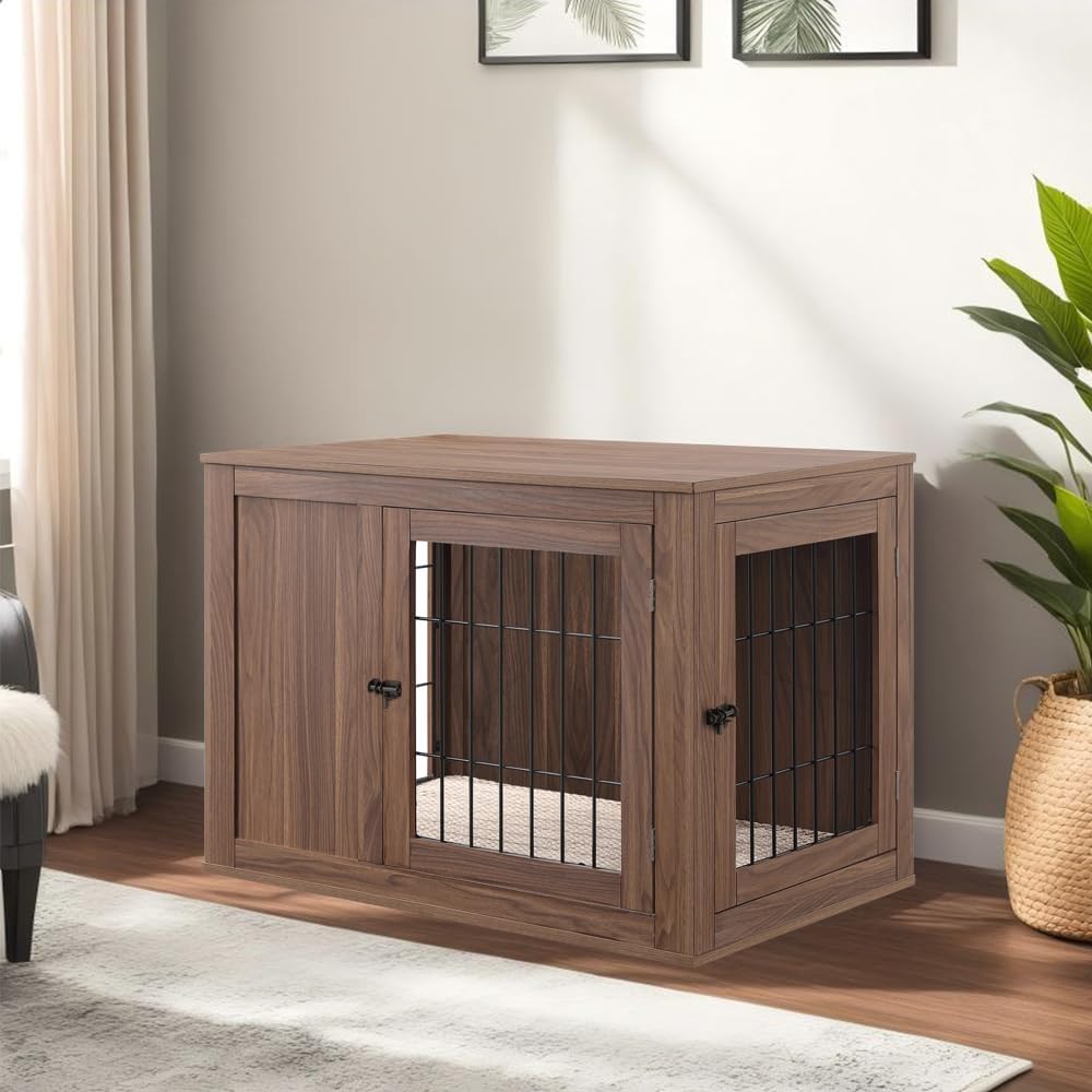 unipaws 30 Inch Furniture Style Dog Crate, Indoor Aesthetic Puppy Kennel with Door, Modern Decorative Wood Wire Pet House Dog Cage, Pretty Cute End Side Table Nightstand, Walnut