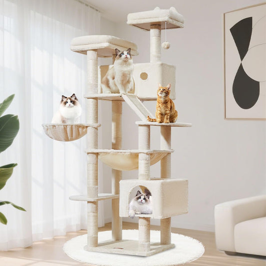 Taoqimiao Cat Tree 71-Inch, Cat Tower for Indoor Cats Large Adult, Multi-Level Large Cat Condo, 8 Sisal Scratching Posts, Metal Frame Cozy Hammock, Scratch Board, 2 Top Perches, Beige MS026LM