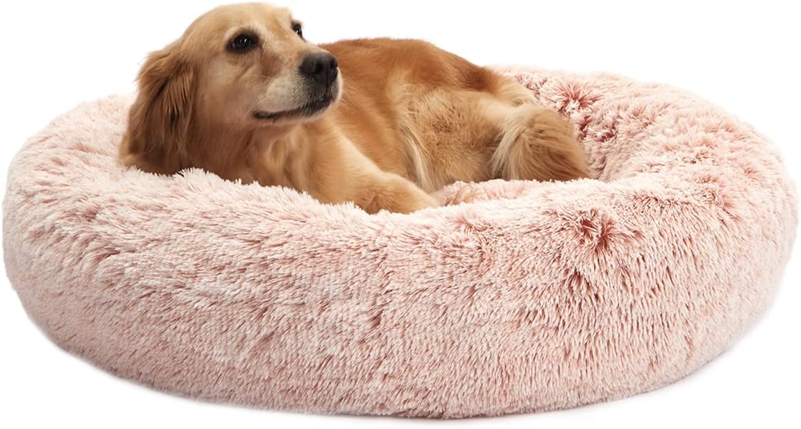 Bedfolks Calming Donut Dog Bed - 36" Round, Fluffy, Anti-Anxiety, Machine Washable Pet Bed (Pink, Large)