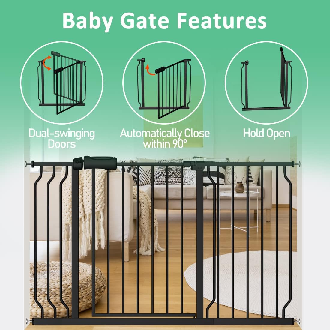 ALLAIBB Extra Wide Pressure Mounted Baby Gate Walk Through Child Kids Safety Toddler Tension Black Long Large Pet Dog Gates with Extension for doorways Kitchen (71.65-85.03"/182-218cm, Black)